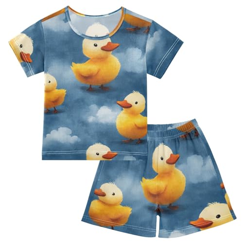 Pajama Short Sets Four Yellow Ducks Flying Soft Cotton Summer Sleepwear 2 Piece PJS Size 5-14T
