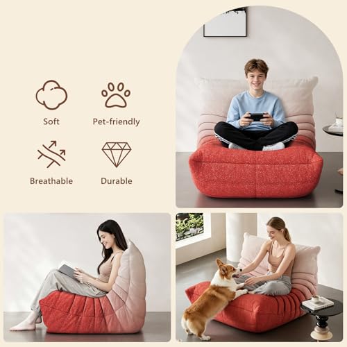 Image of Bean Bag Chair, Cozy Memory Foam Bean Bag Chairs for Adults, Comfy Fireside Accent Chair Lazy Floor Chair for Gaming Bedroom Living Room (White&Red, Single)