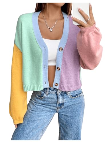 GORGLITTER Women's Colorful Button Up Cropped Cardigan Open Front Long Sleeve Lightweight Knit Sweaters