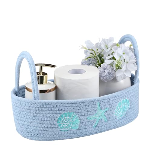 Vesici Ocean Woven Toilet Paper Basket Boho Coastal Cotton Rope Bathroom Countertop Organizer with Starfish Seashell Blue Bathroom Storage Decor for Toilet Closet Nursery Organizing 13 x 6 x 4 Inch