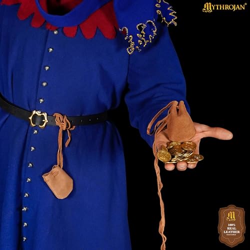 Image of Pack of 4 Mythrojan Small Trinket Pouches Suede Leather Drawstring Coin & Dice Bags for LARP, SCA, Viking & Medieval Events Color : Brown
