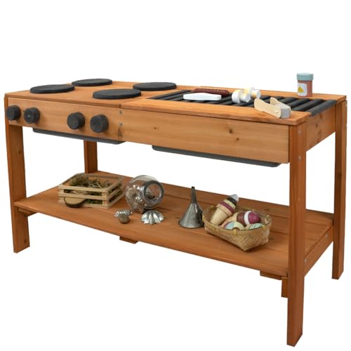 Meppi Barbecue de cuisine boueuse anthracite/teck en bois – Cuisine d'extérieur pour enfants