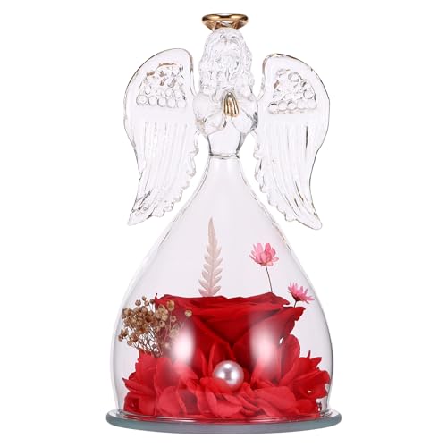 ALLOMN Figura de ángel con rosa eterna real, rosas eternas conservadas como regalo en cristal, rosas eternas con luz LED para mamá, abuela, esposa, cumpleaños, día de la madre, día de San Valentín