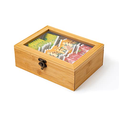 bioexxe Kräuterteehalter aus Bambusholz Schachtel The und Infusionen mit 6 Fächern und Glasdeckel Cover