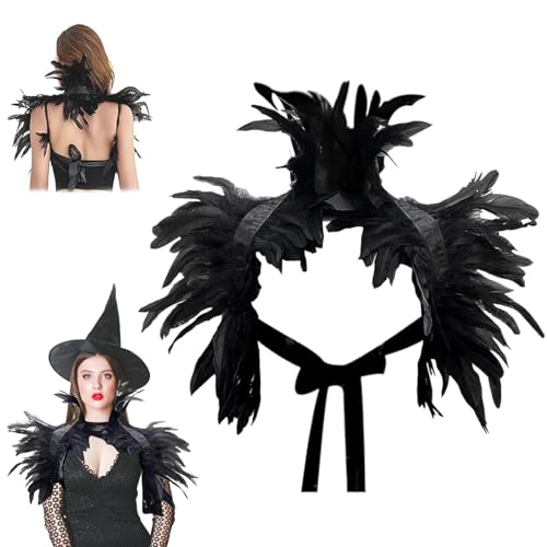 ISparbox Federumhang Schwarz, Federkragen Gothic Feder Achselzucken Damen, Halloween Feder Achselzucken, Federschal Umhang Schwarz für Halloween...