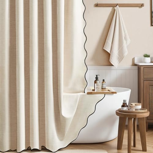 BTTN Beige Scalloped Shower Curtain Boho Linen Textured Heavy Duty Shower Curtain Set with 12 Plastic Hooks Elegant Decorative Waterproof Fabric Shower Curtains for Bathroom - 72x72 - Cream