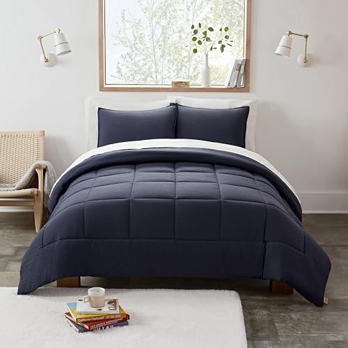 UGG King Size Comforter Set with 2 Pillow Shams Lightweight Down Alternative Comforter King Size Blanket Reversible Cozy Warm All Season Washable Hypoallergenic Bedding Set, Navy Blue (Leonora)