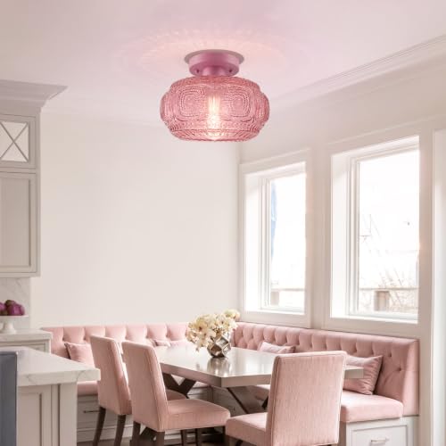 Image of Large Globe Glass Semi Flush Mount Ceiling Light Fixture, Pink