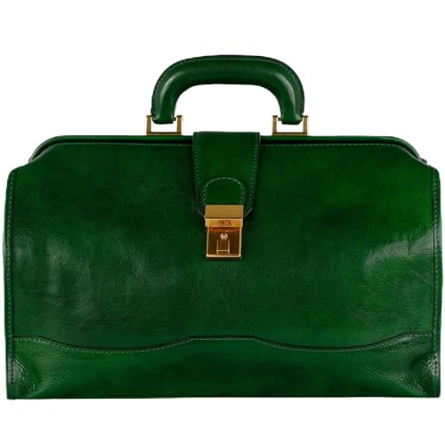 Time Resistance Leather Doctor Briefcase - Italian Handmade Medical Bag - Vintage Style Briefcase for Men and Women -Top Handle Gladstone Bag (Green)