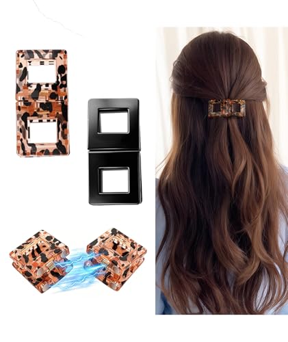 Image of 2 Pcs Hair Clutchers for Women, Magnetic Hair Clip, 2-in-1 Section Clips for Hair Styling, Daily Use and Professional Salon Clutcher Hair Accessories, Black Brown Print Hair Claw Clips (Rectangular Brown Leopard Print and Black)