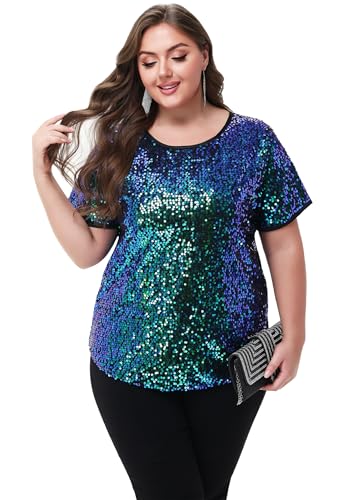 Anna-Kaci Women's Sequin Tops Plus Size Round Neck Sparkle Glitter Short Sleeve Party Tunic Blouse2