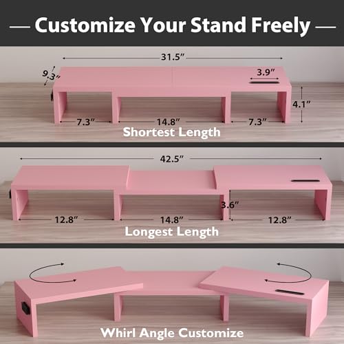 Image of BONTEC Dual Monitor Stand Riser with Smartphone Holder, Adjustable Length & Swivel Angle, Ergonomic Wooden Desktop Organizer for PC Monitor, Laptop, Printer, Large Storage, 42.5 in, Pink