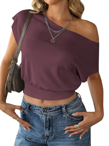 Image of SOFIA'S CHOICE Women's Off The Shoulder T Shirt Crop Top Casual Summer Dolman Sleeve Asymmetrical Cinched Waist Tops