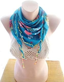 Blue Beaded Scarf, Women Cotton Scarf, Lace Floral Scarf, Boho Cotton Scarf, Women Fashion Scarf, light Scarf, christmas Gift