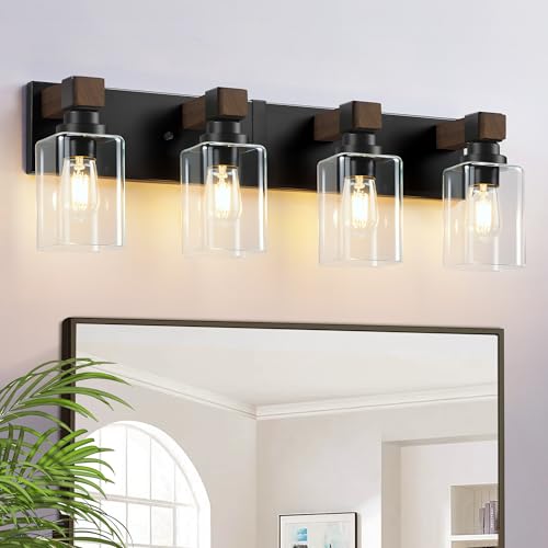 Farmhouse Bathroom Vanity Light, 4-Light Wood Bathroom Light Fixtures, Black
