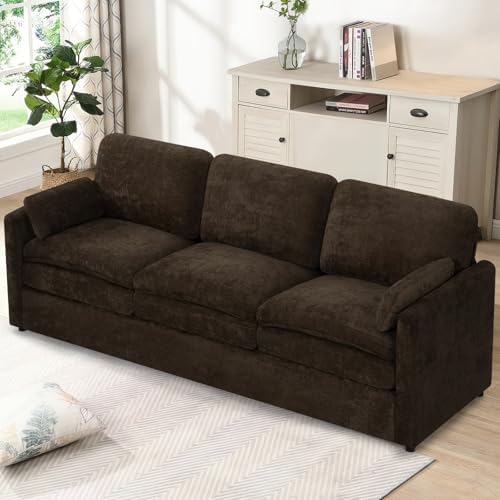 89" Chenille Modern Sofa w/Plump Backrests, 3 Seater Couch w/Soft Pillows, Comfy Upholstered Couch w/Thicker & Deeper Seats for Living Room, Bedroom, Brown - Thumbnail 2