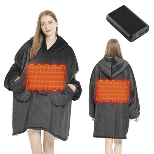 Homemate Heated Wearable Blanket Hoodie - with Battery Pack 7.4V - Oversized Electric Blanket Hoodie for Women Men - Warm Cordless Heated Shawl Portable Heated Robe (Grey)