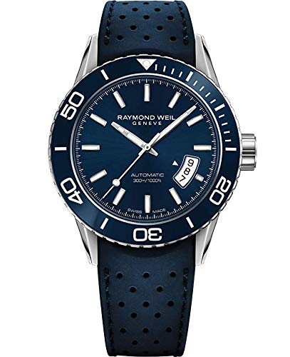 Raymond Weil Freelancer Diver Men's Automatic Watch, Analog Display, Blue Dial with Indexes, Blue Genuine Rubber Strap, 42 mm (Model: 2760-SR3-50001)4