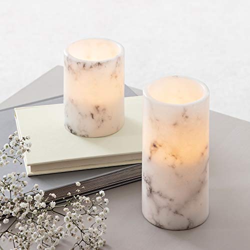 Lights4fun 2er Set Marmor LED Echtwachs Kerzen Timer warmweiß batteriebetrieben