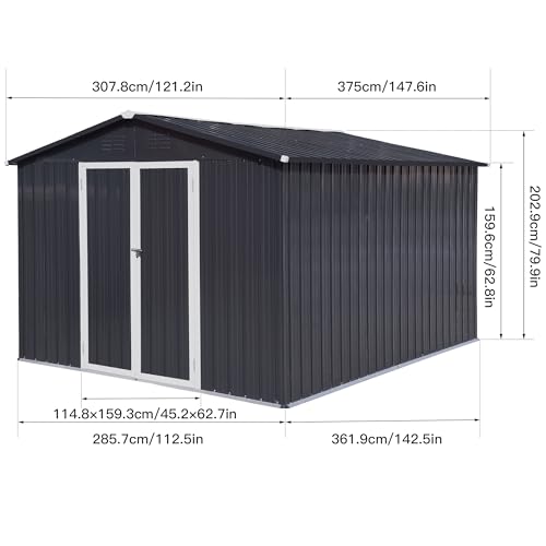 10 x 12 FT Outdoor Storage Shed, Metal Garden Tool Shed with Slooping Roof, Lockable Doors and Windows, Easy to Assemble for Garden, Patio, Lawn, Black