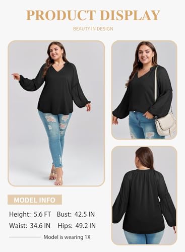 Eytino Women Plus Size Tops Summer V Neck Long Sleeve Button Down Pleated Business Work Blouse Shirts(1X-5X)3