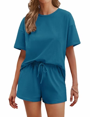 Image of Ekouaer Cotton Pajamas Set for Womens Soft Short Sleeve Lounge Set Shorts Sleepwear Set 2 Piece Pjs Sets