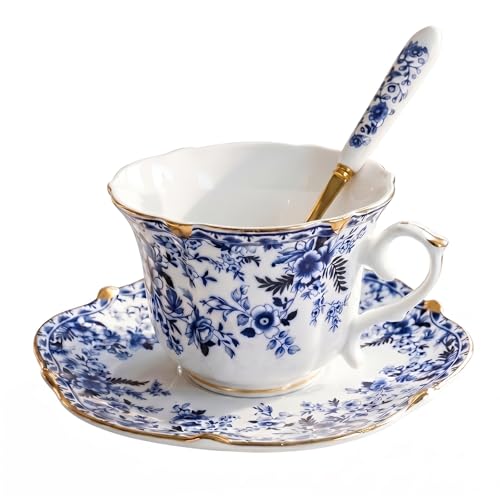 Noviko 6 oz Ceramic Tea Cups and Saucers Set Vintage Floral Teacup for Women