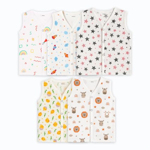 Image of Kidbea Muslin Cotton Baby Jabla for Boys & Girls | Cute Printed Soft V-Neck, Sleeveless Baby Jhabla Vest for Newborns & Infants