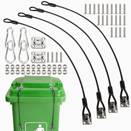 Image of 4 Pcs Metal Trash Can Lid Lock with Accessories, 23.6 inch Wire Rope Black Garbage Can Lock, Outdoor Trash Can Lock for Animals and Litter Prevention