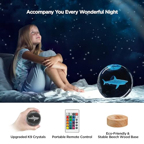 Image of 3D Shark Crystal Ball Night Light with Remote Upgraded 3.15 in Shark Glass Ball Table Lamps with 16 Color Led Wooden Base for Birthday Xmas Cool Shark Figurines Room Decor Gifts for Kids Teen