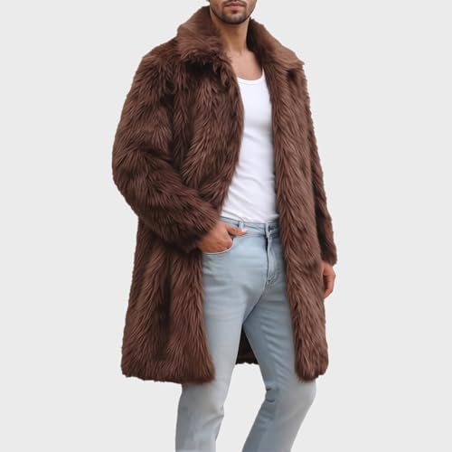 Image of Colf Men's Winter Fluffy Lapel Faux Fur Coat Jacket | Mens Faux Fur Jacket, Winter Long Overcoat, Long Sleeve, Fluffy, Thik Warm