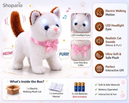Image of Interactive Walking Cat Toy Battery Operated LED Eyes Meowing Plush Cat Moving Tail Soft Stuffed Animal Toy for Kids Boys Girls Educational Fun Pet Toy