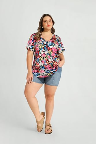 Image of RITERA Women Plus Size Tops Tie Dye V Neck Shirt Floral Camo Summer Short Sleeve Tunic Oversized Ladies Blouse XL-5XL