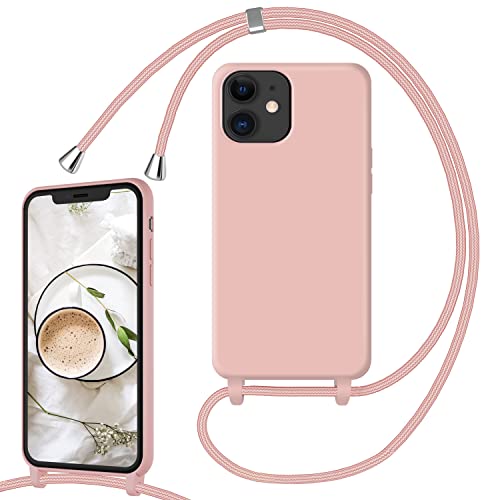 Coque pour iPhone 11 avec Collier, Silicone Étui Housse Souple Antichoc avec Cordon Lanière Corde Réglable Téléphone pour iPhone 11, Rose Cover