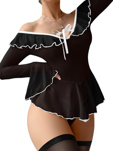 Image of Foxiny Sheer Ruffle Long Sleeve Babydoll Lingerie Dress | Off-shoulder neckline, flared cuffs and a flounce hem add movement; thong and thigh-high stockings complete the 3-piece set