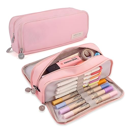 Image of Canvas Large Capacity Pencil Box for Girls & Boys, 3 Compartments Pen & Pencil Pouches, Aesthetic Stationery Pouch for School Kids College Students (Pink)