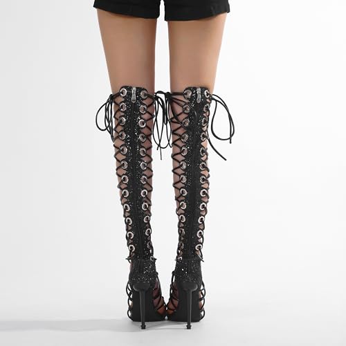 Image of STUPMARY Women Peep Toe Sandals Cut-outs Cross-tied Lace Up High Heeled Gladiator Sandals Zipper Over The Knee Bootie Summer