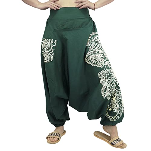 Harem Trousers for Men and Women 100% Cotton Linen Goa Trousers Aladdin Trousers Pump Trousers Hippie Summer Boho Gypsy Trousers Yoga Baggy Wide Leg Casual Waist Elephant Pattern (L/XL, Green)
