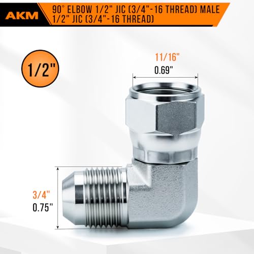 Image of 90 Elbow Straight Hydraulic Hose Adapter Fittings, 6500-08-08 1 /2 inch Male JIC (3 /4 inch-16 thread) x 1 /2 inch Female JIC (3 /4 inch-16 thread) Swivel Connectors x 5 pack