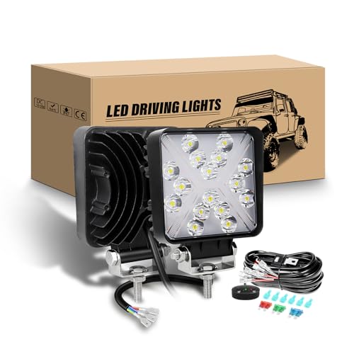 RIGIDON 2Pcs Faro Trabajo LED y 12V kit de cableado, 4 Pulgadas 10cm 48W Blanco y ámbar Spot lámpara trabajo led, Exterior Foco led para Off road Camión Coche ATV 4x4 Tractor, faros antiniebla