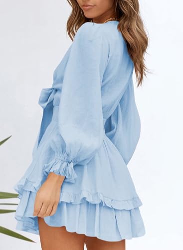 Image of Dokotoo Womens Casual Spring Fall 2025 Deep V Neck Knotted Tiered Chiffon Elegant Mini Short Swing Skater Dresses