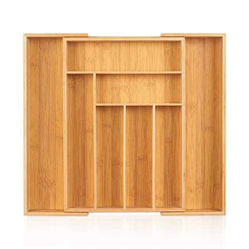 Bamboo Silverware Drawer Organizer - Kitchen Organizer Tray, 100% Pure Bamboo, Adjustable Drawer