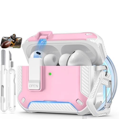 Image of for AirPods Pro 3 Case with Lock & Phone Stand(White-Pink) | Automatic Snap Switch Lock,Carbon Fiber Texture Design Cover with Cleaner Kit,Compatible with MagSafe