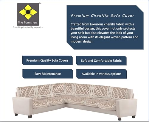 Image of Premium Chenille Woven Anti-Slip 6 Seater L-Shape Sofa Cover | L-Shape Sofa Seat Protector for Living Room | Durable & Stylish Slipcover - Copper Brown - Floral