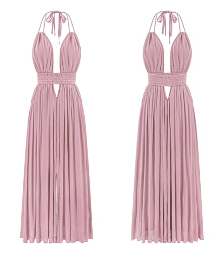 Image of R.Vivimos Boho Maxi Dresses for Women 2026 Summer Sleeveless Halter Elastic Waist Sexy Backless Front Slit Flowy Long Dresses