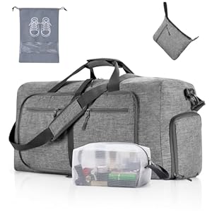 Vomgomfom 65L Waterproof Duffle Bag with Shoes Compartment, Foldable Travel Duffel Bags for Men Women, Overnight Bag with Shoes Bag Toiletry Bag