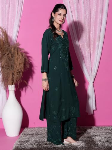 Image of Fashion Chikan Art Women's Lucknowi Premium Chanderi Silk Hand-Embroidered Chikankari Kurti & Palazzo Set | Elegant Festive & Casual Wear Ethnic Suit