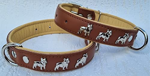 Bully Französische Bulldogge Frenchie Halsband - Halsumfang 30-39cm/30mm, 32-44cm/30mm, 36-49cm/30mm Leder Cognac Beige (3. Halsumfang 36-49cm/30mm/55cm)