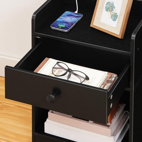 HOOBRO Nightstand with Charging Station, End Table with Drawer and Opening Shelf, Side Table with USB Ports and Outlets, BedsideTable for Bedroom, Small Night Stand, Black BK18UBZ01 by HOOBRO - Used condition - Image 5