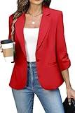 ELLEVEN Womens Blazer Business Casual Suit Jacket Slim Fit Fitted Ruched 3/4 Sleeve Petite Crop Blazer Dressy Full Lining Lightweight Outfits Coat Cardigan with Padded Shoulder Red Large